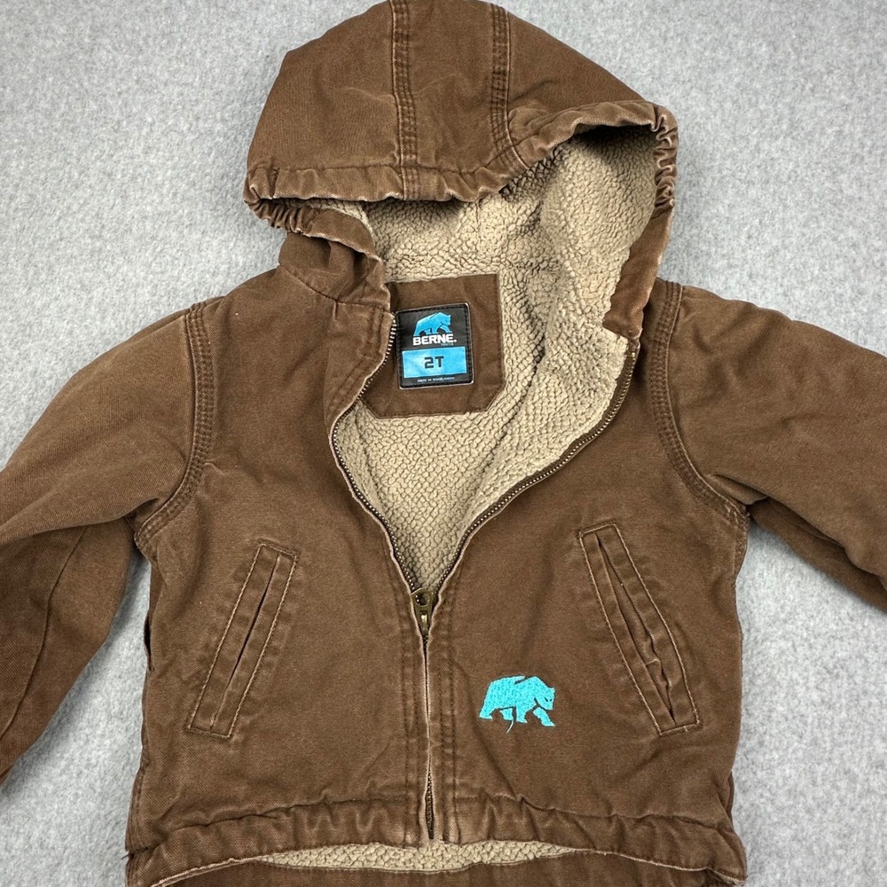Berne Youth 2T Brown Sherpa Lined‎ Hooded Work Jacket Cotton Duck Canvas HJ42TBB